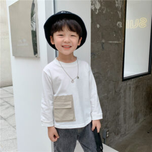 New Korean Version Of Children’s Bottoming Shirt, Small And Medium-Sized Children’s Big Pocket Round Neck Pullover Top