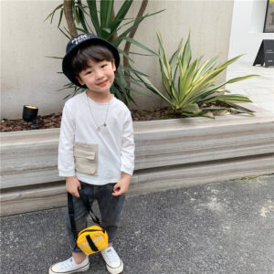 New Korean Version Of Children’s Bottoming Shirt, Small And Medium-Sized Children’s Big Pocket Round Neck Pullover Top