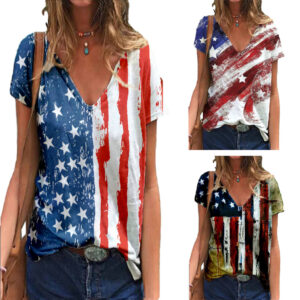 National Flag Independence Day FlagV-neck Short-sleeved Printed T-shirt Women