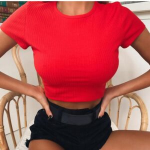 Neon Knitted Tshirt Women O Neck Short Sleeve Tee& Shirts Sexy