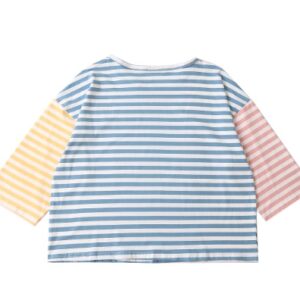 Casual Loose Women Striped T-shirt Spell Color Muppet Embroidery O Neck Three Quarter Sleeve Femme Loose Tshirt Tees Tops Cotton
