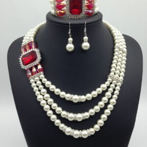 European fashion Diamond Gemstone Pearl Necklace Earrings Set multi bride chain bracelet three piece Necklace