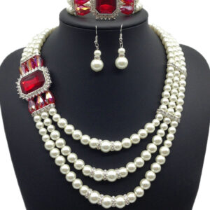 European fashion Diamond Gemstone Pearl Necklace Earrings Set multi bride chain bracelet three piece Necklace
