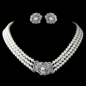 Pearl Rhinestone Necklace Earrings Jewelry Set