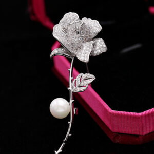 Women’s Fashion Pearl Inlaid Zircon Camellia Brooch