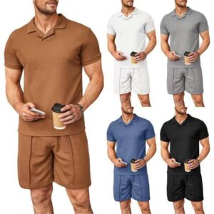 2pcs Set Men V Neck Polo Shirt Lapel Short Sleeve Men’s Suit Waffle Style Casual Fashion T-Shirt Summer