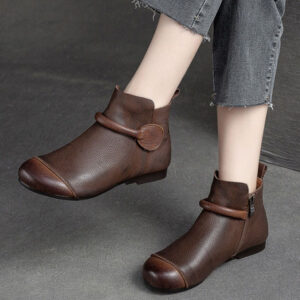 Soft Leather Retro Style Women’s Boots Side Zipper Flat Round Head Simple Dr Martens Boots