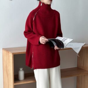 Women’s Zip Turtleneck Sweater Fashionable Loose Sweater