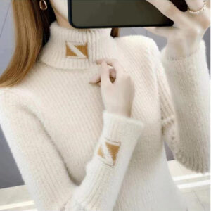 Women’s Turtleneck Sweater Mink Fur Letter Jacquard Skinny Inner Match Western Style Knitted Bottoming Shirt