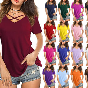 Front Cross VNeck Short Sleeve Loose TShirt Women