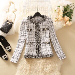 Temperament Celebrity Long Sleeve Tweed Slim Fitting Jacket