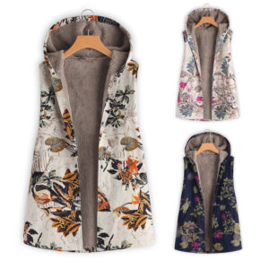 Women’s Printed Hooded Sleeveless Top Plush Jacket