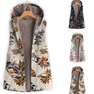 Women’s Vintage Cotton And Linen Printed Casual Hooded Sleeveless Plush Coat Vest