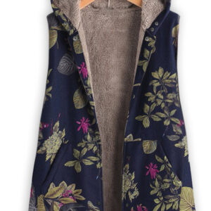 Women’s Vintage Cotton And Linen Printed Casual Hooded Sleeveless Plush Coat Vest