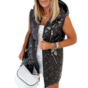 Women’s Solid Color Hooded Sleeveless Pocket Zipper Vest