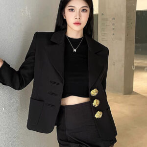 Retro Single Row Gold Buckle Fashion Long Sleeve Suit Coat Women